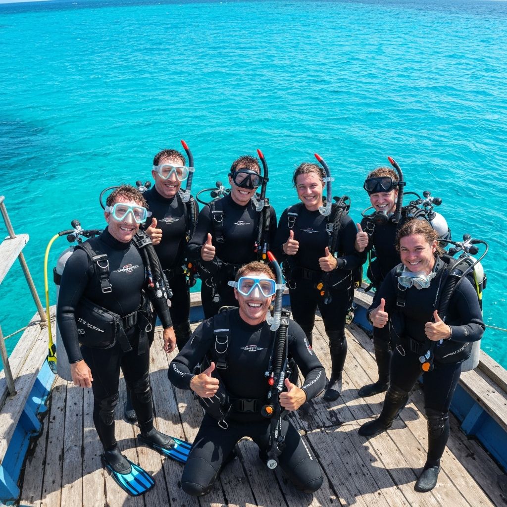 Group of scuba divers on a dive boat giving thumbs up