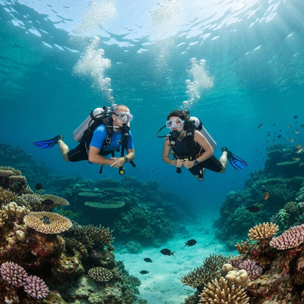 Two divers swimming over a colorful coral reef