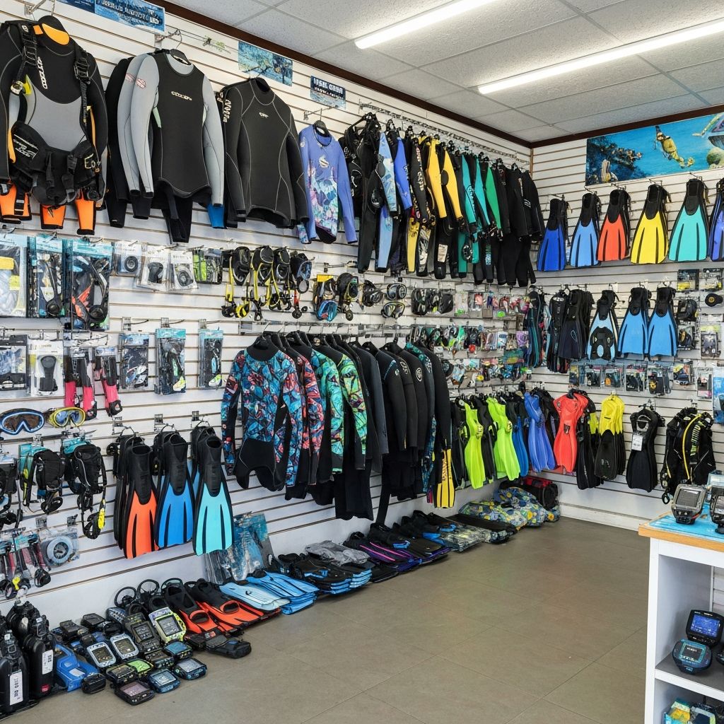 Inside a tropical dive shop with scuba gear on display