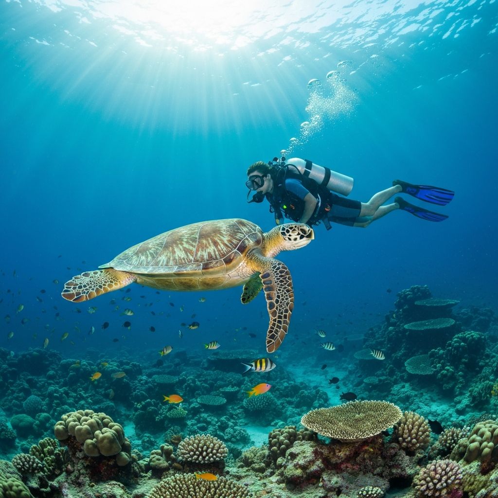 Diver swimming alongside a sea turtle over coral
