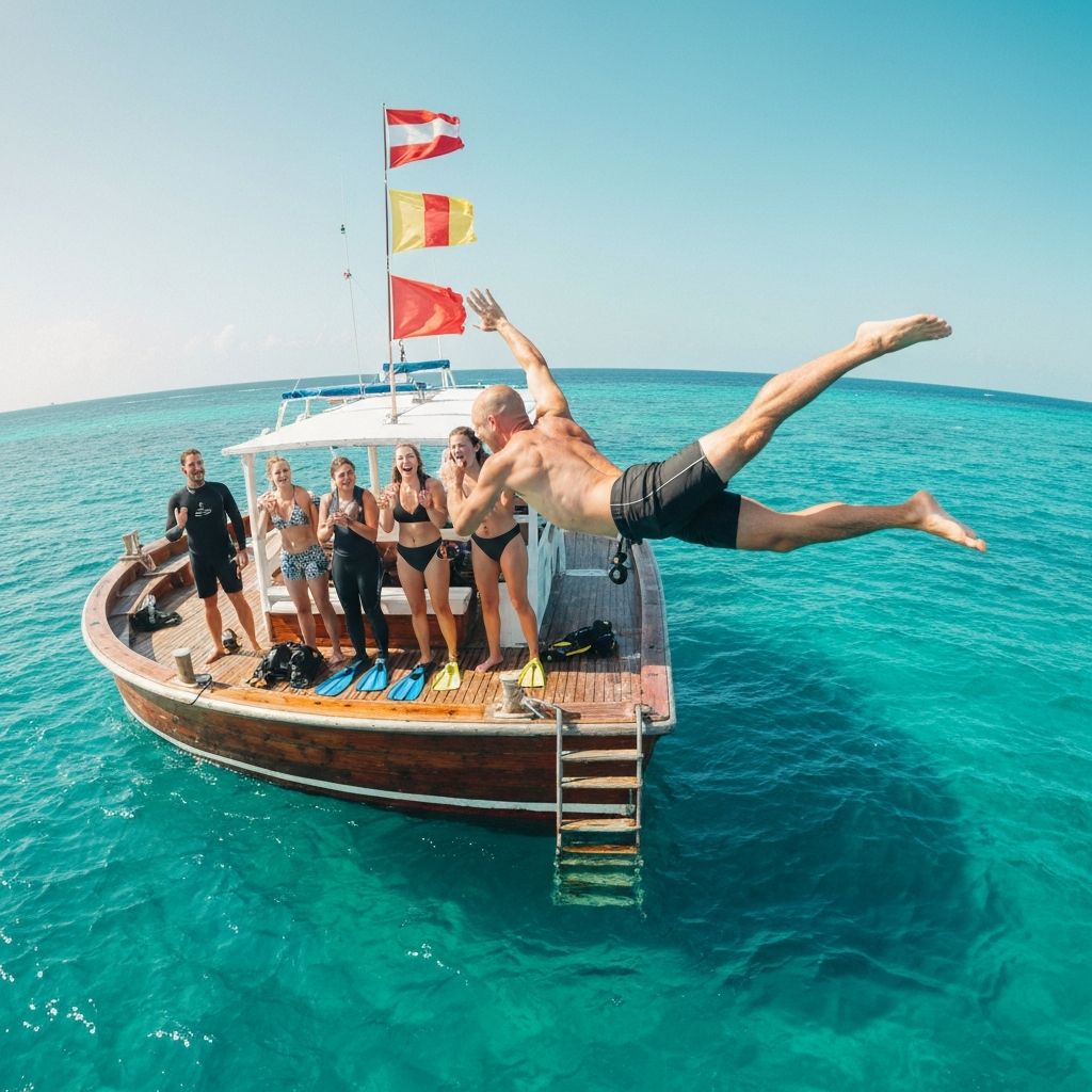 Divers jumping into tropical water from a boat