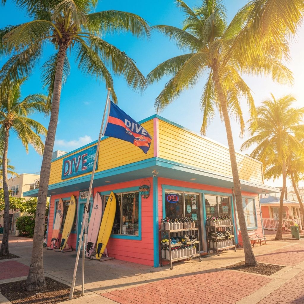 Tropical dive shop storefront with palm trees