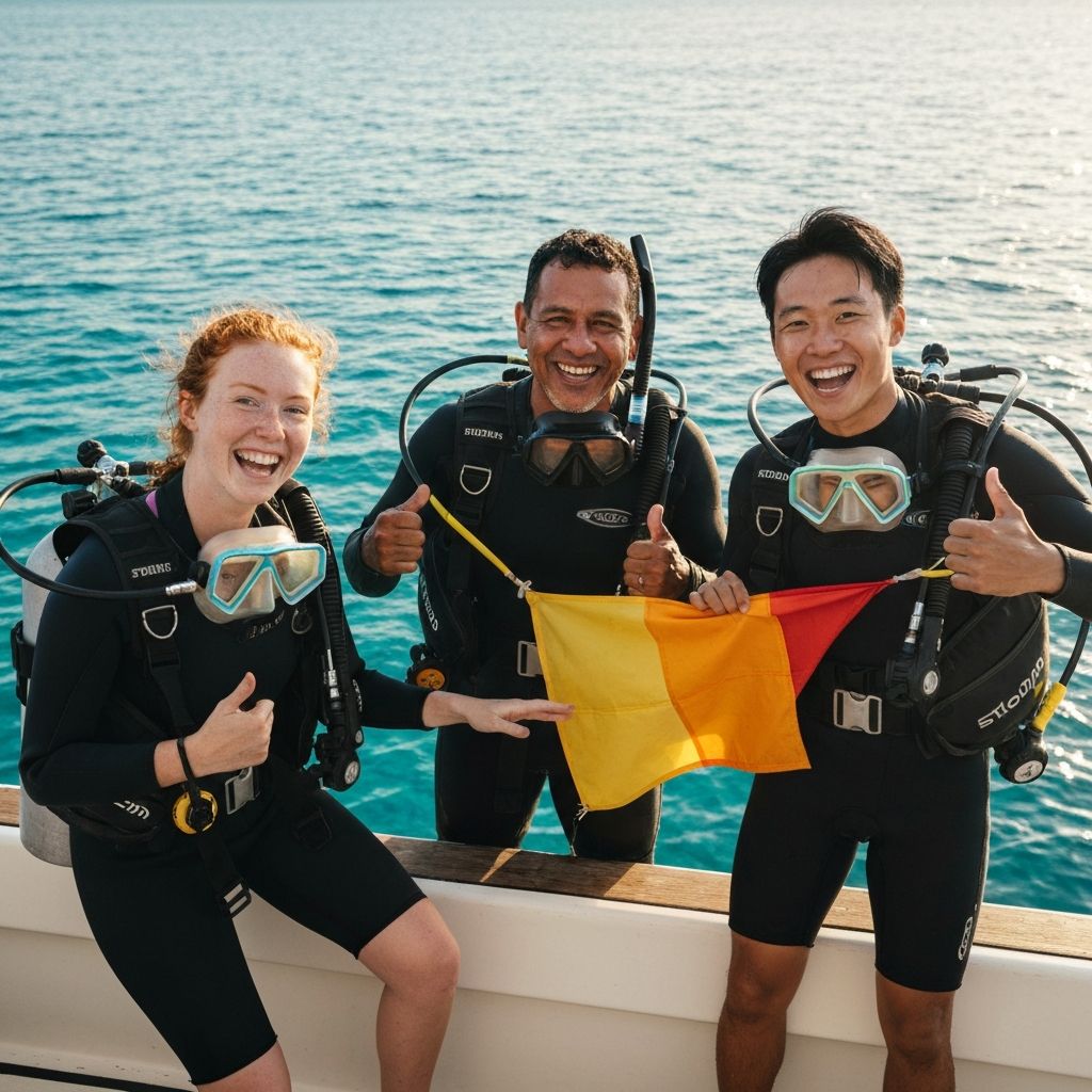 Happy divers on a boat holding up a dive flag